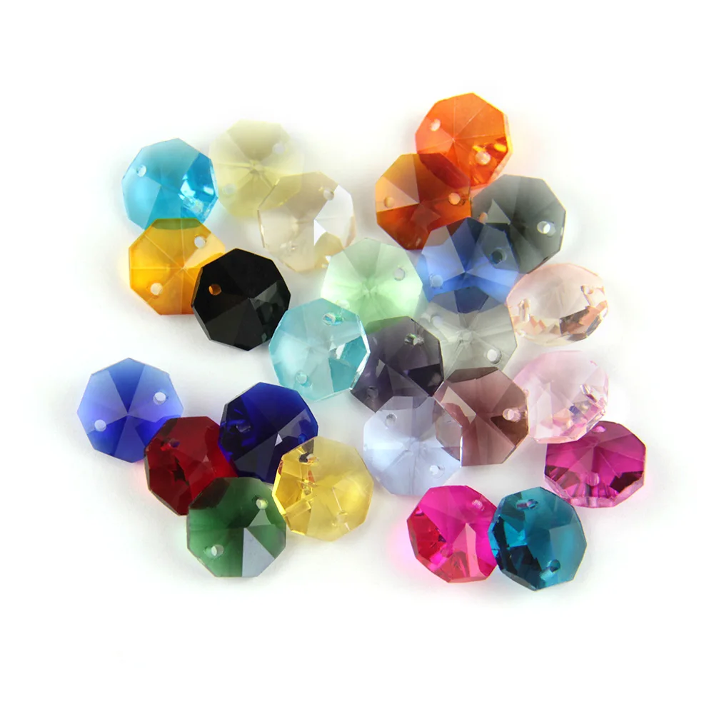 14MM 100pcs Mixed Colors 1 Hole/2 Holes Glass Art Lamp Prism Chandelier Part Crystal Octagon Beads Ornament Hanging Decoration