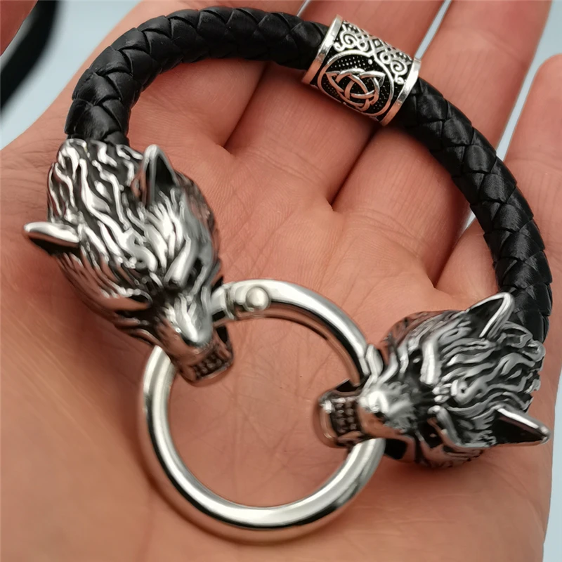 الفولاذ المقاوم للصدأ الذئب رئيس سوار فايكنغ رون حبة الجلود سوار للنساء الرجال المجوهرات