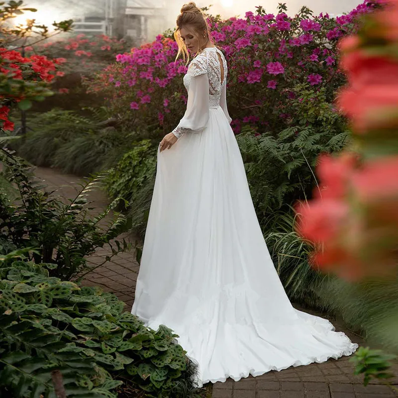 MYYBLE Elegant A Line Lace Boho Wedding Dress Beach Puff Long Sleeves Square Neck Floor Length Garden Chiffon  Bridal Gowns