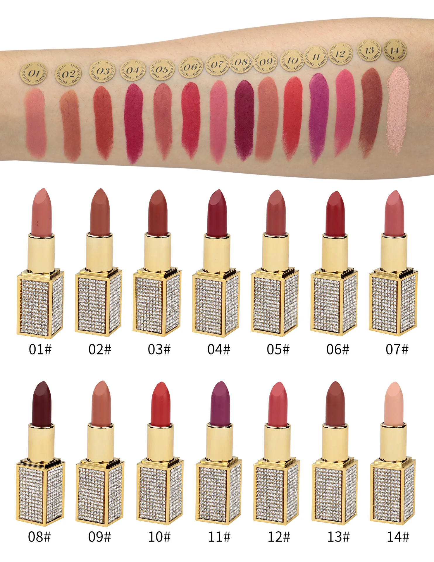 Wholesale Matte Lipstick Waterproof Makeup 24 Color Natural Vegan Private Label Cosmetic Custom Logo Velvet Diamond Lipsticks