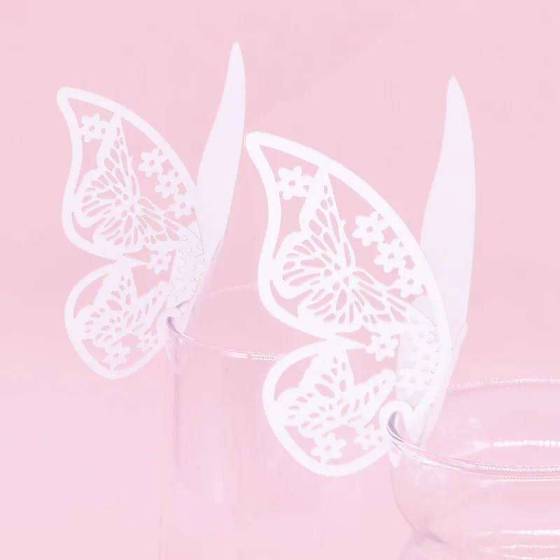 Laser Cut Butterfly Paper Place Card, Wine Glass Cup Cartões de Nome, Wedding Party Home Decoração, Ouro e Prata, 7, 50Pcs