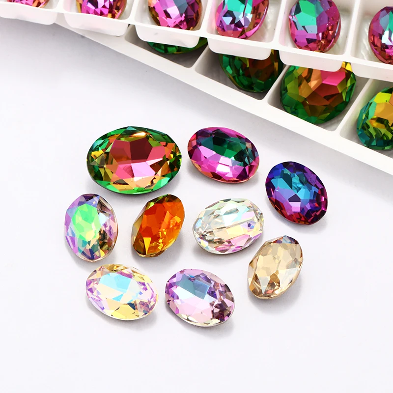 XIAOPU Oval Piontback Loose Rhinestones K9 Glass Colorful Shimmer Fadeproof Strass Crystal Glue on Clothes Jewelry Accessories