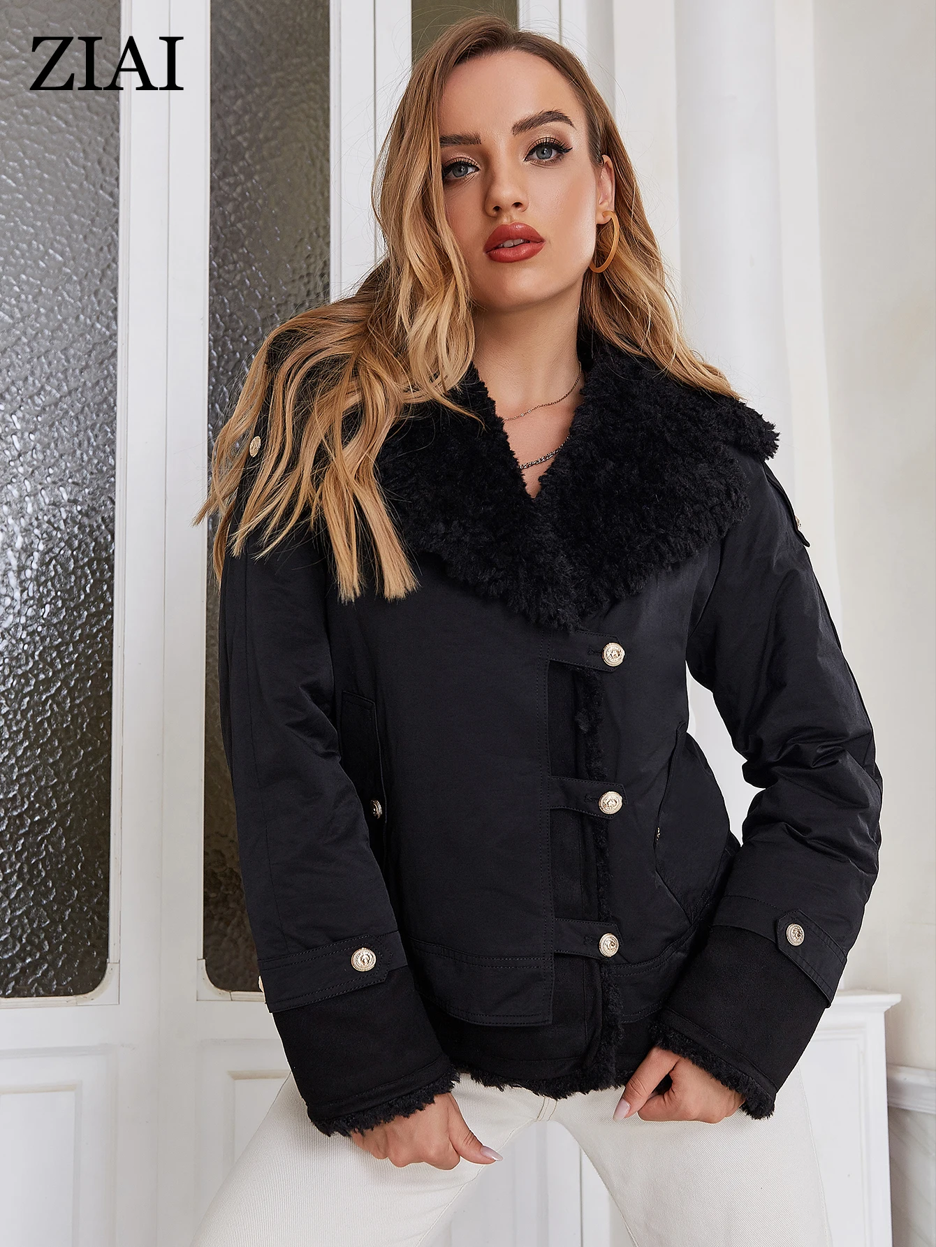 ZIAI Winter Jacket Women Fashion Plush lapel Keep warm Women's Coat High Quality Short Female Single-breasted Clothing ZM-20034