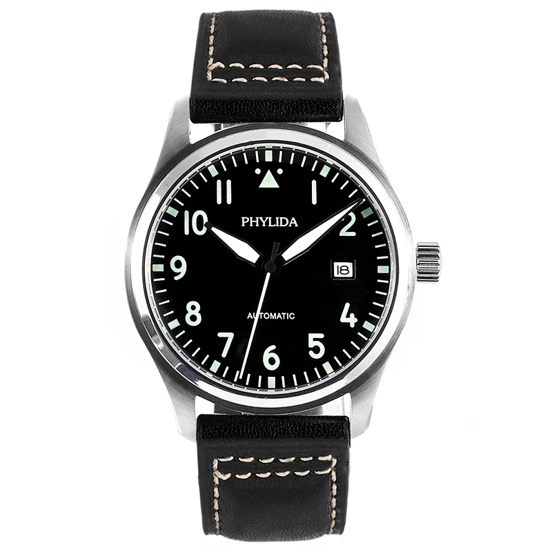 42mm Black Pilot Watch 5ATM JAPAN MIYOTA Automatic Domed Sapphire Crystal Full Lumed Genuine Leather Strap