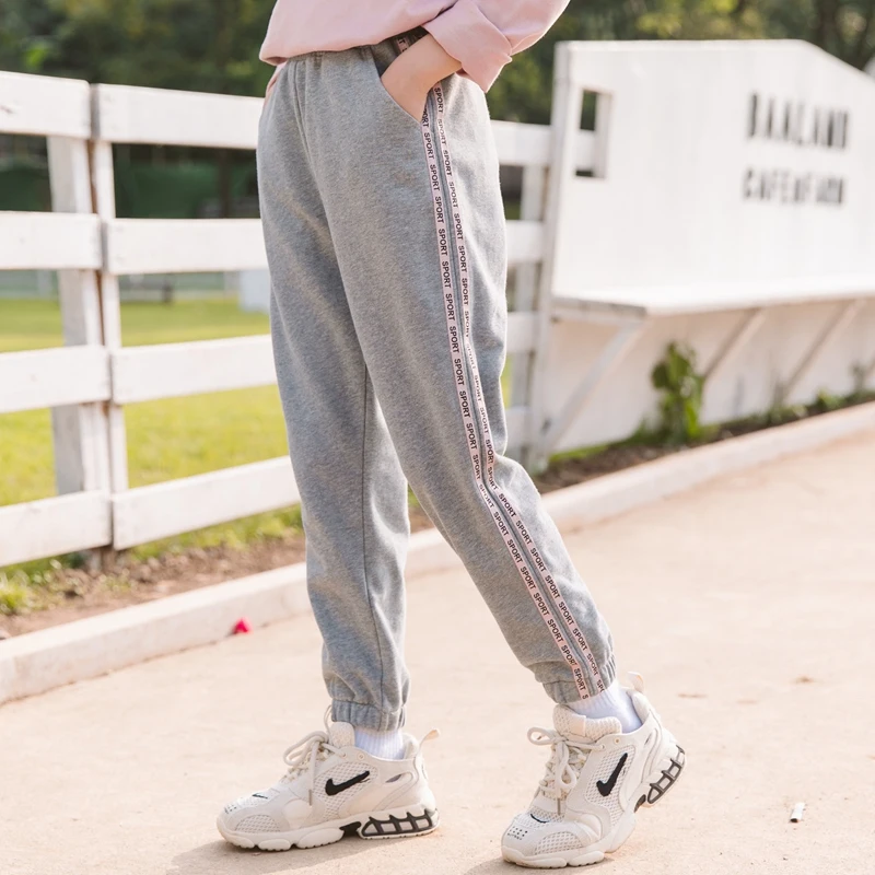 Children's Pants For Girls Autumn Trousers Outer Wear 2023 Spring Clothing Medium And Large Kids Gray Ankle-tied Sports Pants