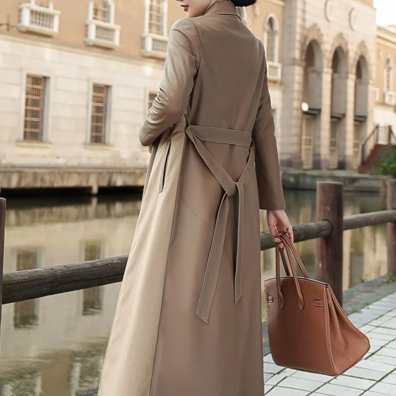 Elegante das mulheres cáqui pele de carneiro trench coat fino ajuste cinto longo real couro jaquetas de luxo moda escritório casaco feminino M-3XL