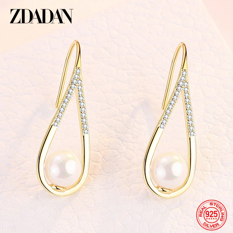 ZDADAN 925 Sterling Silver Drop Shaped Pearl Zircon Dangle Earring For Women Charm Engagement Jewelry Party Gift