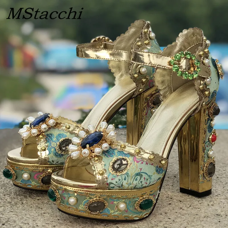 MStacchi Luxury Brand Women Platform Sandals Crystal Embroidery High Heel Sandalia Feminina Buckle Strap Rhinestone Wedding Shoe