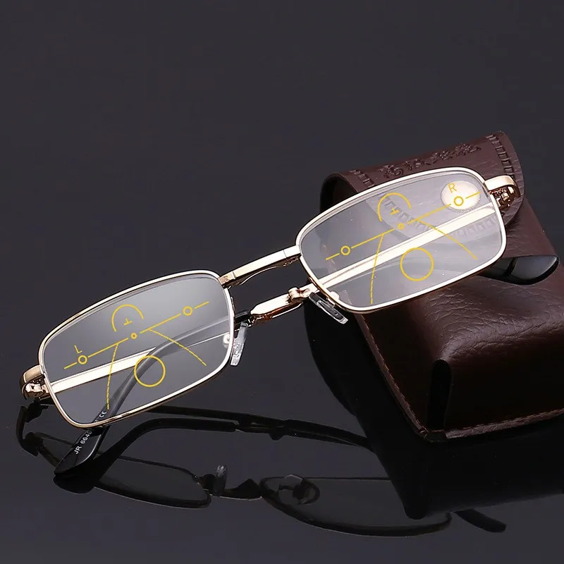 Metal foldable reading glasses multi-focus portable men's business reading glasses with glasses case + 1.5 to + 3.0