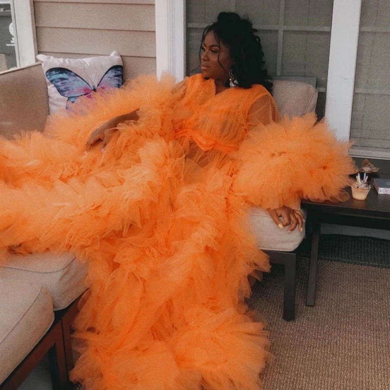 Orange Tulle Ruffle Maternity Dress Photo Shoot Pregnant Women Photography Gown Kimono Evening Prom Robe Bathrobe Sleepware