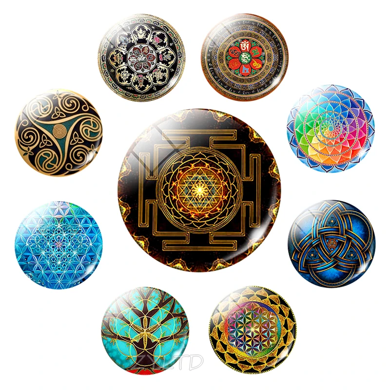 Sri Yantra Mandala Fridge Magnet Buddhist Sacred Geometry 30MM Home Refrigerator Sticker Magnets Spiritual Buddha Mandala Flower