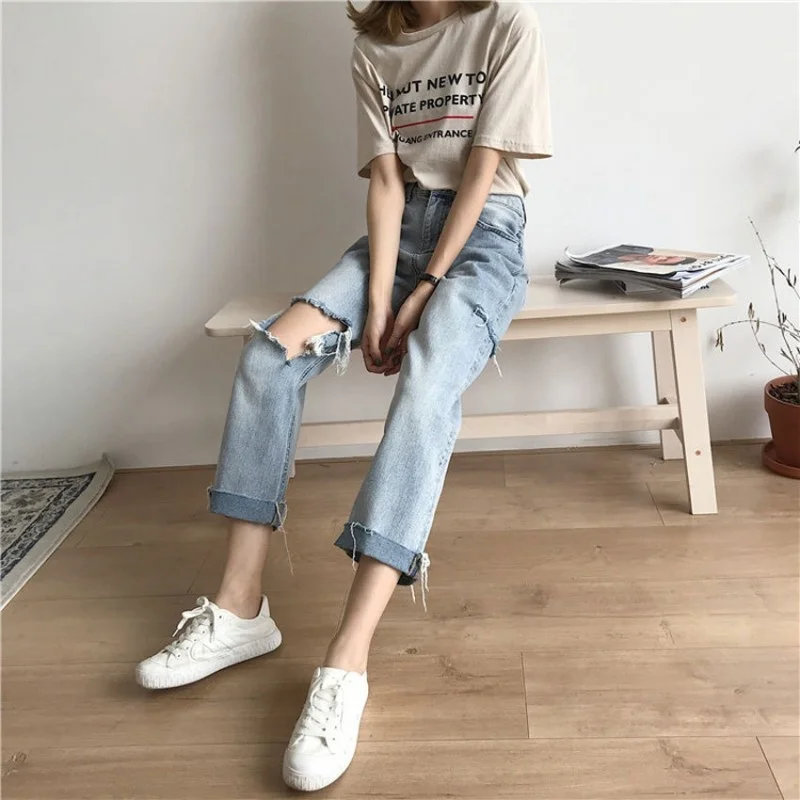 

Hop Hip Hole Ripped Jeans Women High Waist Loose Straight Pants Streetwear Casual Trousers Female Fashion Wide Leg Denim Pants