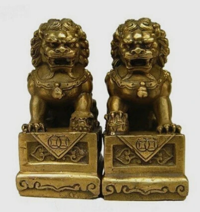 

68mm Copper Brass CHINESE crafts Asian China Chinese Folk Fengshui Foo Fu Dog Guardion Door Lion Statue sculpture