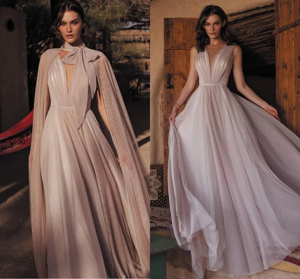 

Customized Vestidos DE Noiva Beach Wedding Dress Champagne With Wrap 2021 Bridal Gown Robe De Mariage Deep V-Neck Unquic