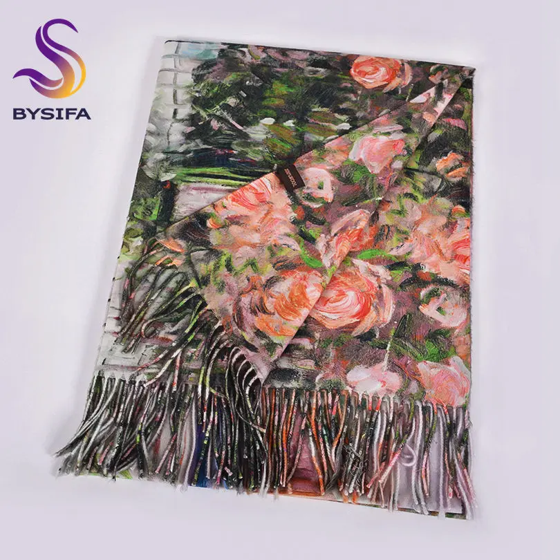 

[BYSIFA] Green Pink Rose Women Scarves Shawls Luxury Brand Female Cashmere Pashmina Scarves Thicken Warm Neck Head Scarf200*70cm