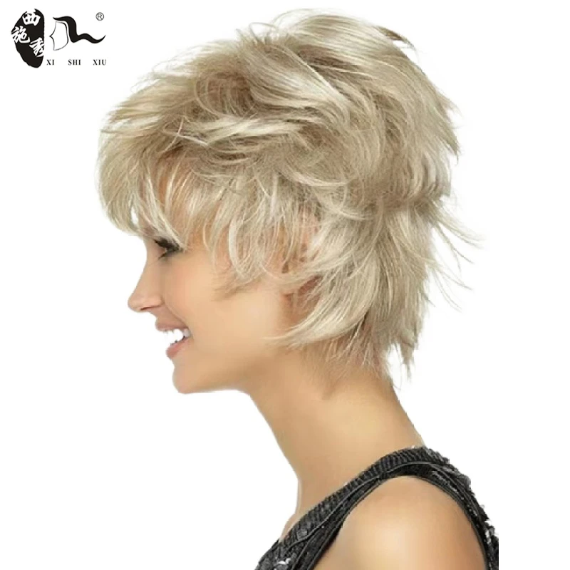 Short Pixie Cut Synthetic Wig With Bangs For Women Mixed Blonde Brown Natural Wave Hair High Temperature Mommy Daily Wear Wigs