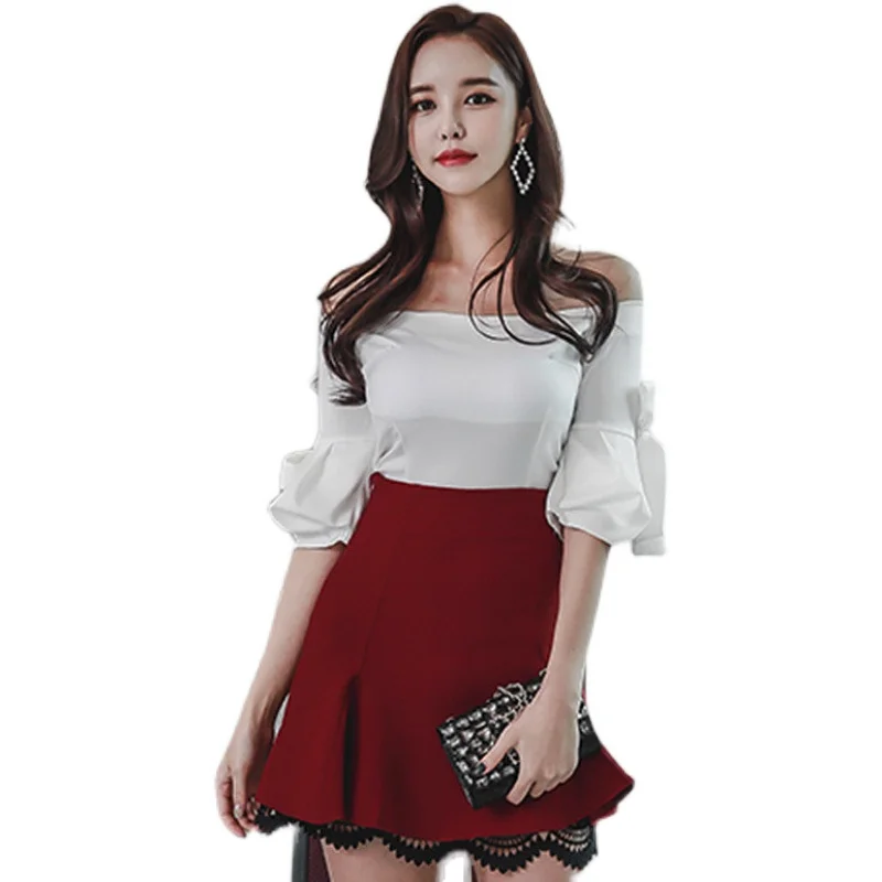 2 Piece Set Women Suit OL Set 2022 White Half Sleeve Slash Neck Blouse Shirt Tops and Mini Red Skirts Business Two Piece Set