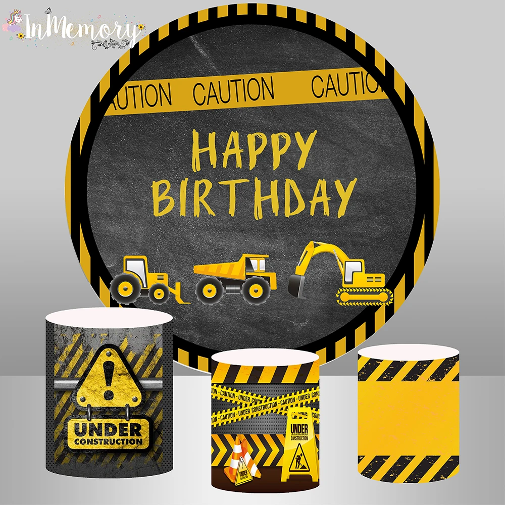 Construction Party Round Background Caution theme Custom Boys 1st Birthday Circle Backdrop Cylinder Covers Cake Table Banner