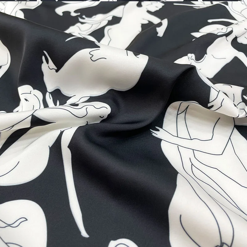 Fashion Abstract Drance People Printed Imitate Silk Satin Fabric For Sew Woman's Dress Blouse Pants DIY Cloth Sewing Material