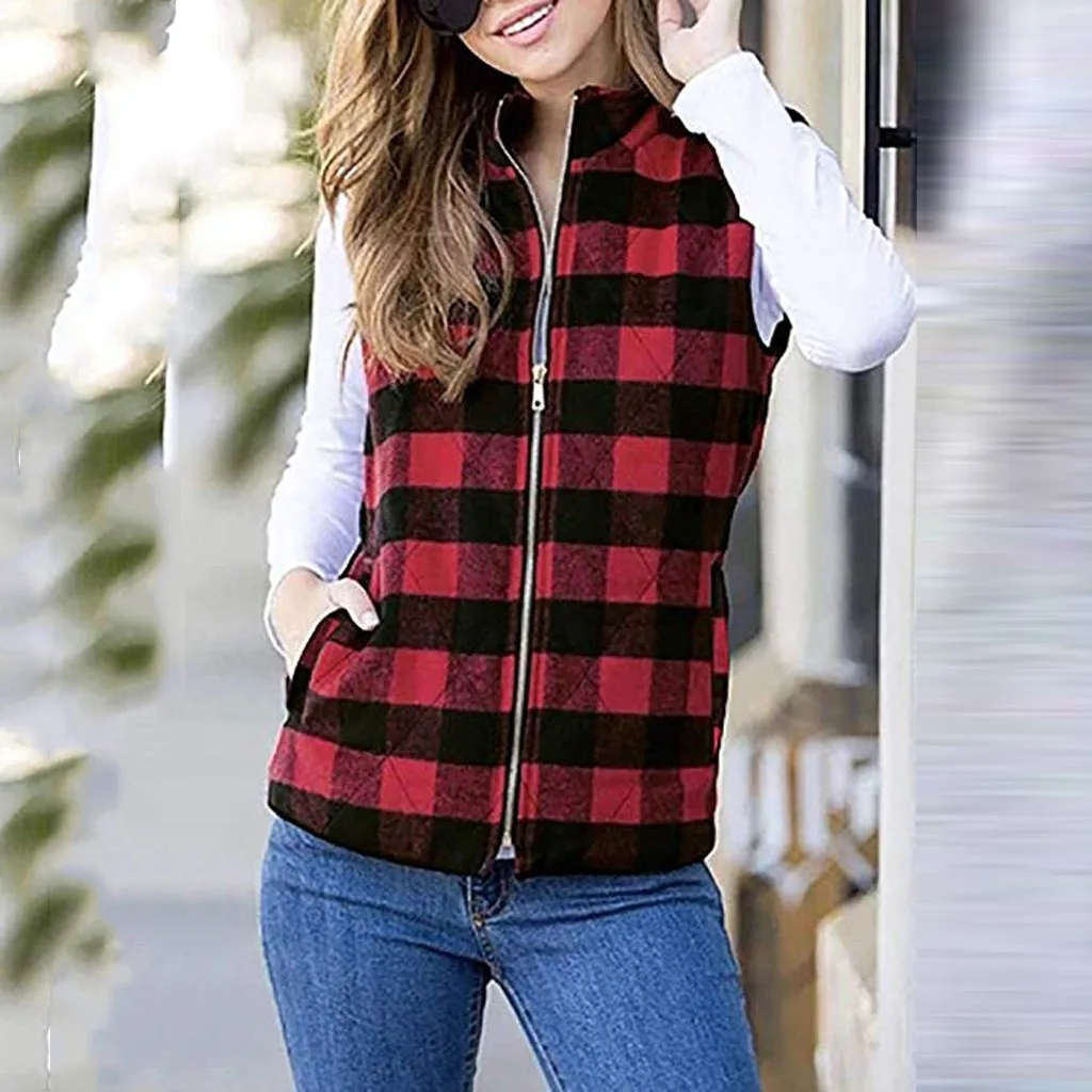 Plaid Outerwear Vests Women Open Front Color Block Lapel Fashion Tunic Vests Sleeveless Pockets Ladies Harajuku Vest Ulzzang 4