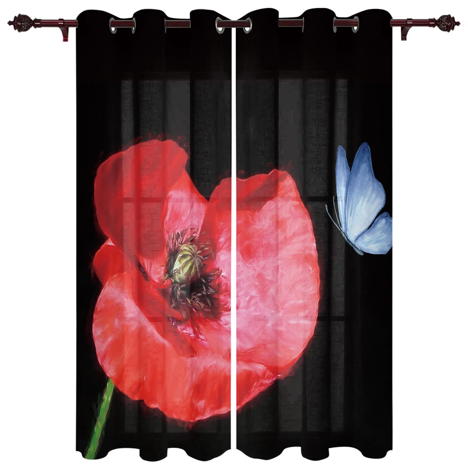 Outdoor Curtains Butterfly Red Flower Living Room Kitchen Curtain Drape For Patio Garden Gazebo Yard Valance Cutains