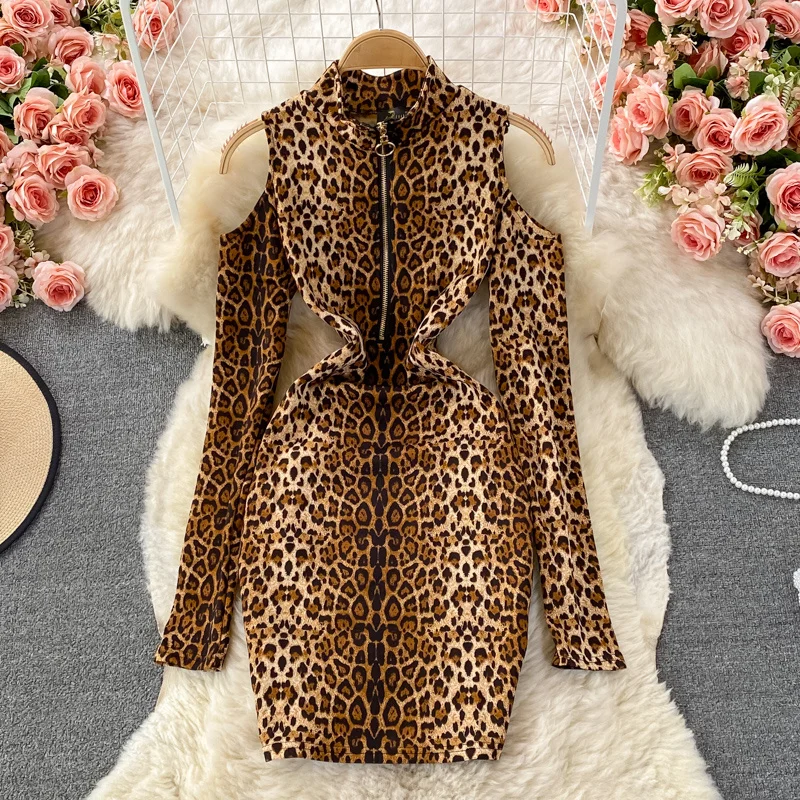 Leopard Print Cold Shoulder Long Sleeve Bodycon Mini Dress Women Sexy Zipper up Stand Collar Slim Autumn Party Dress Vestidos