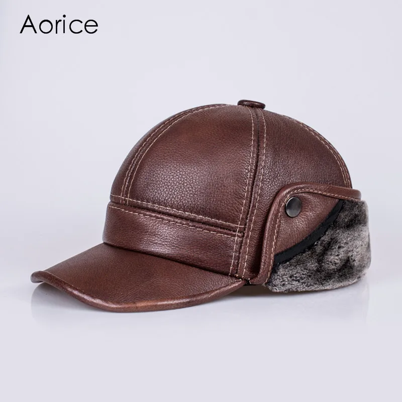 Autumn Winter Warm Genuine Leather Men Baseball Cap Hat Brand New Men\'s Real Leather Adult Solid Adjustable Hats/ Caps HL104