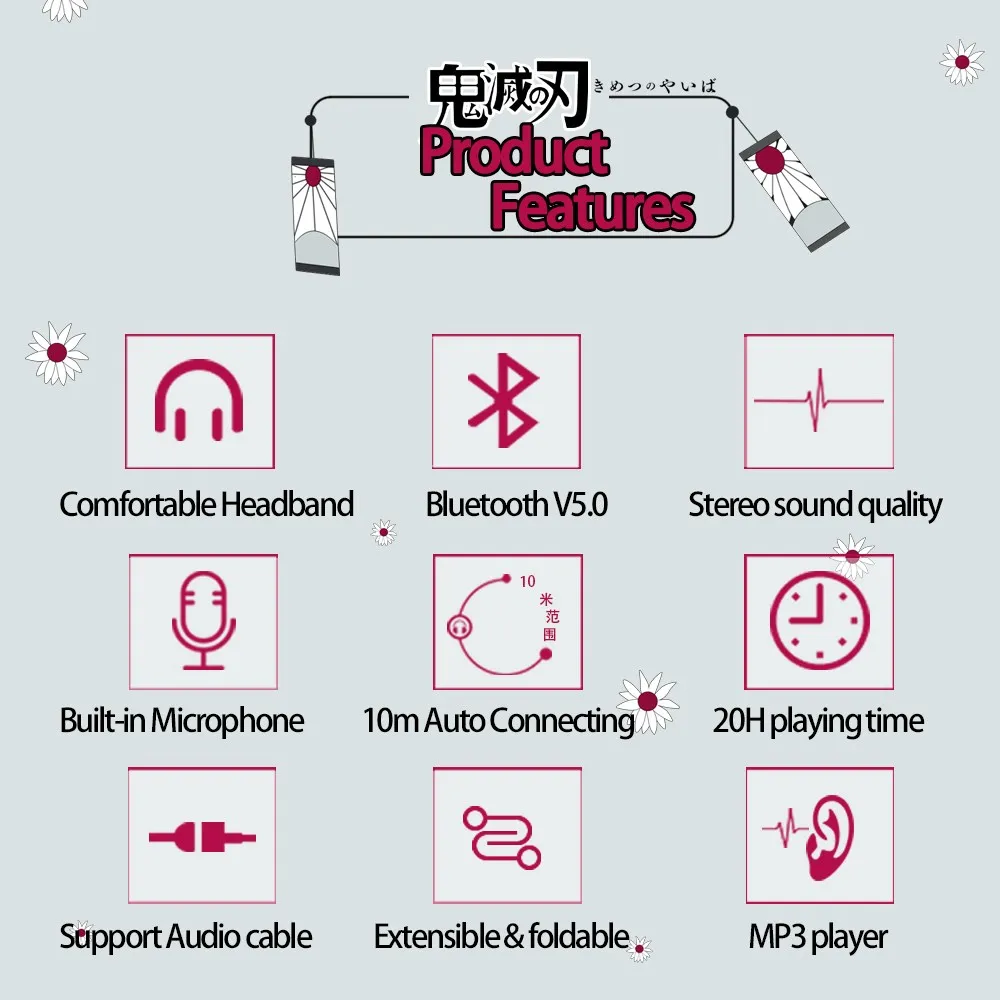 Nóng Anime Nhật Bản Tai Nghe Demon Slayer Kimetsu Kamado Tanjirou Tai Nghe Bluetooth V5.0 Cosplay 2D Gấp Stereo Tai Nghe Không Dây