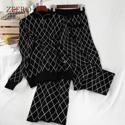 Autumn Winter Knit Pant Two Piece Set Women Rhombus Grid Knitted Zipper Black Sweater Tops + Wide Leg Pants Suit Trousers Sets