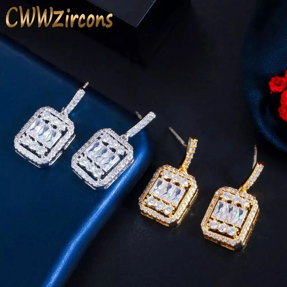 

CWWZircons Gorgeous Dangling Drop Princess Cut Cubic Zircon Chic Earrings for Women Anniversary Bridal Party Jewelry Gift CZ791