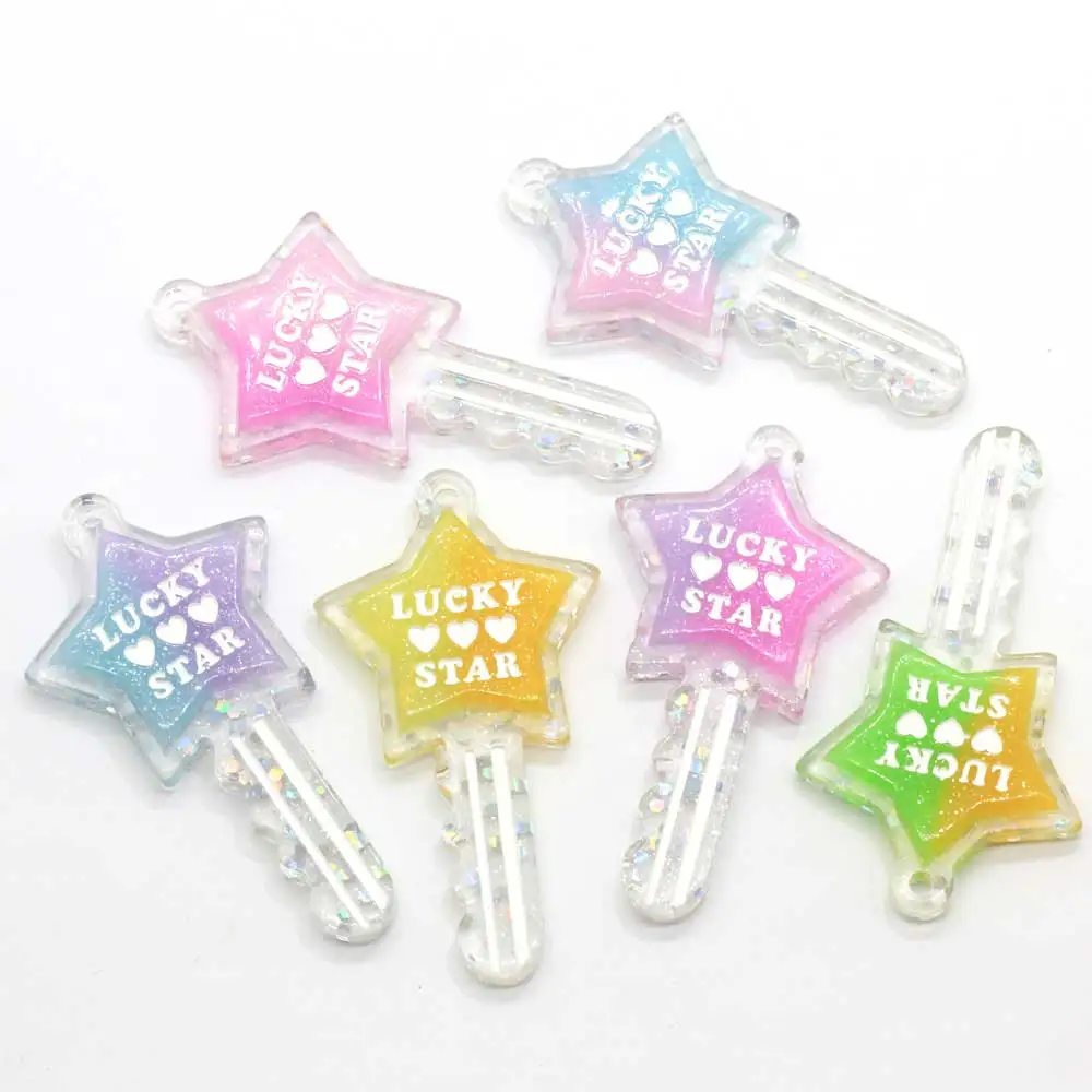 Cute Rainbow Colorful Lucky Star Key Pendant Resin Charms Flatback Cabochon For DIY Craft Making