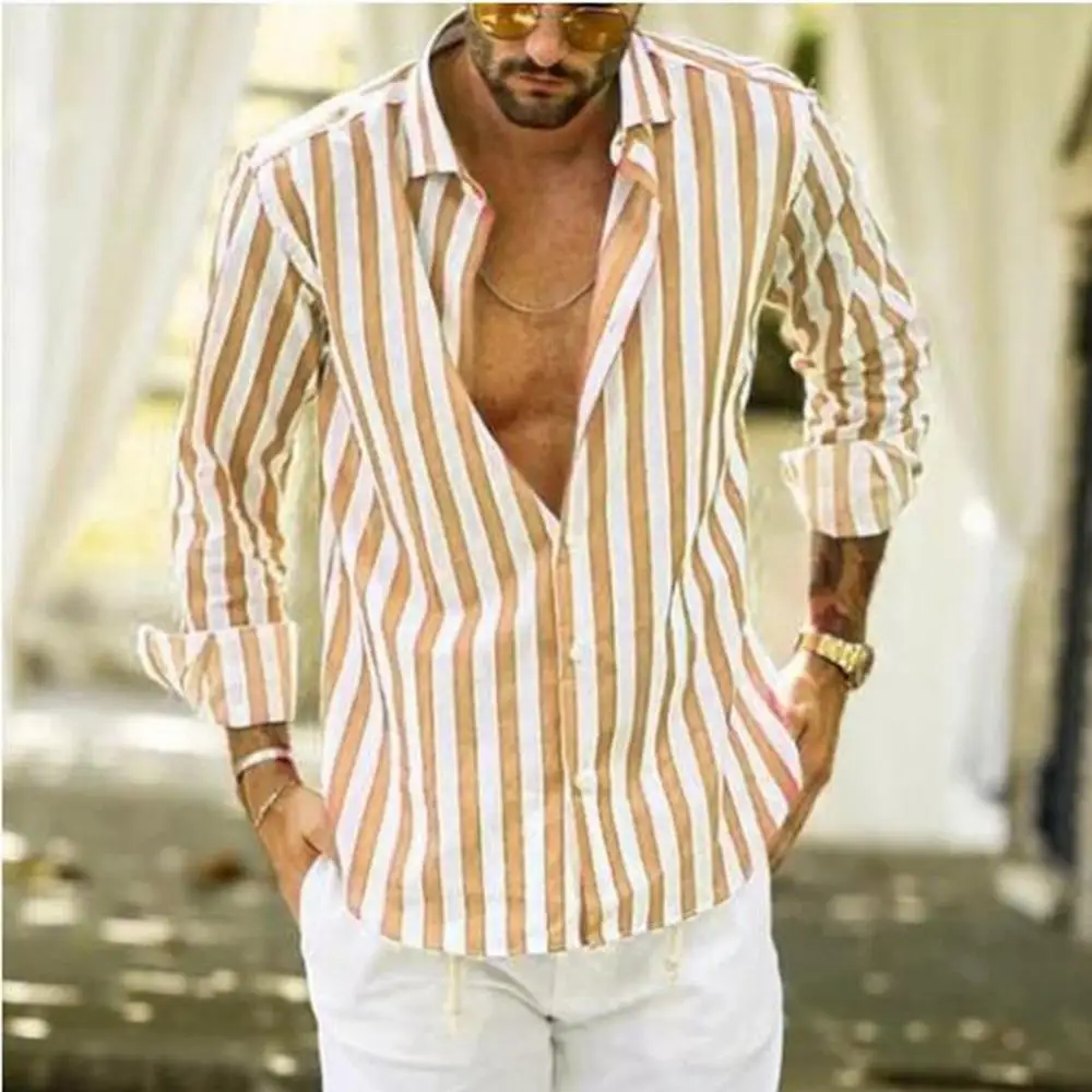 40%HOT Fashion Turndown Collar Vertical Stripes Loose Button Long Sleeve Men Shirt Top