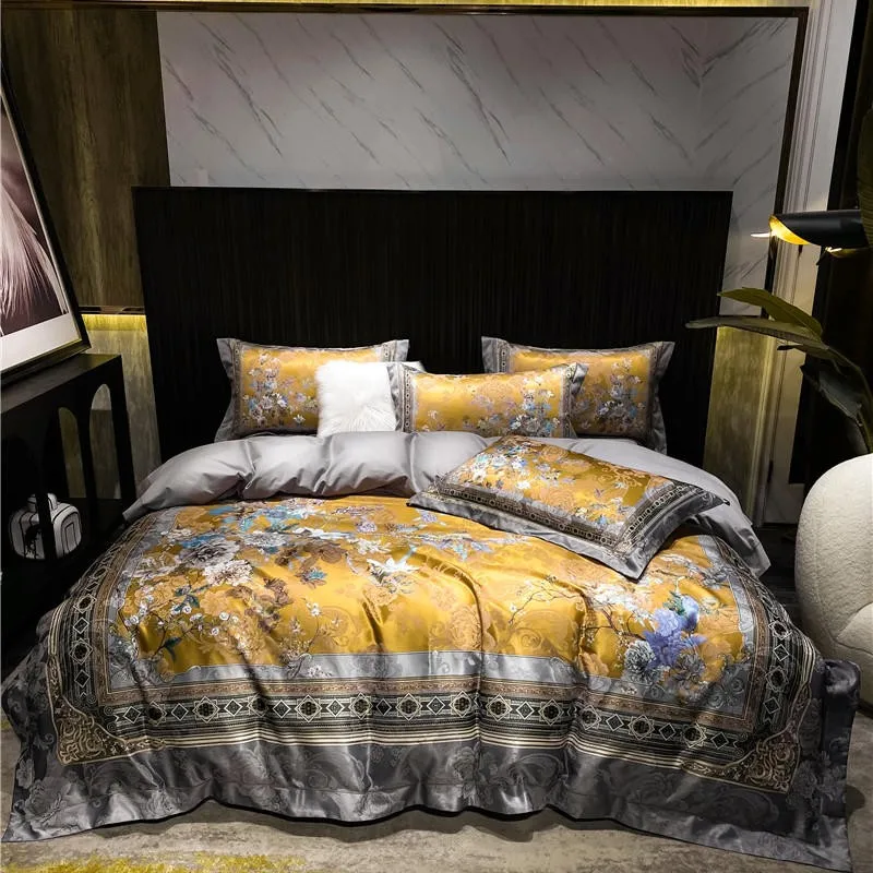 Luxury Vintage Vibrant Birds Blossom Gold Duvet Cover Queen/King Size 4Pcs Silky Soft Zipper Bedding set Bed Sheet 2Pillow shams