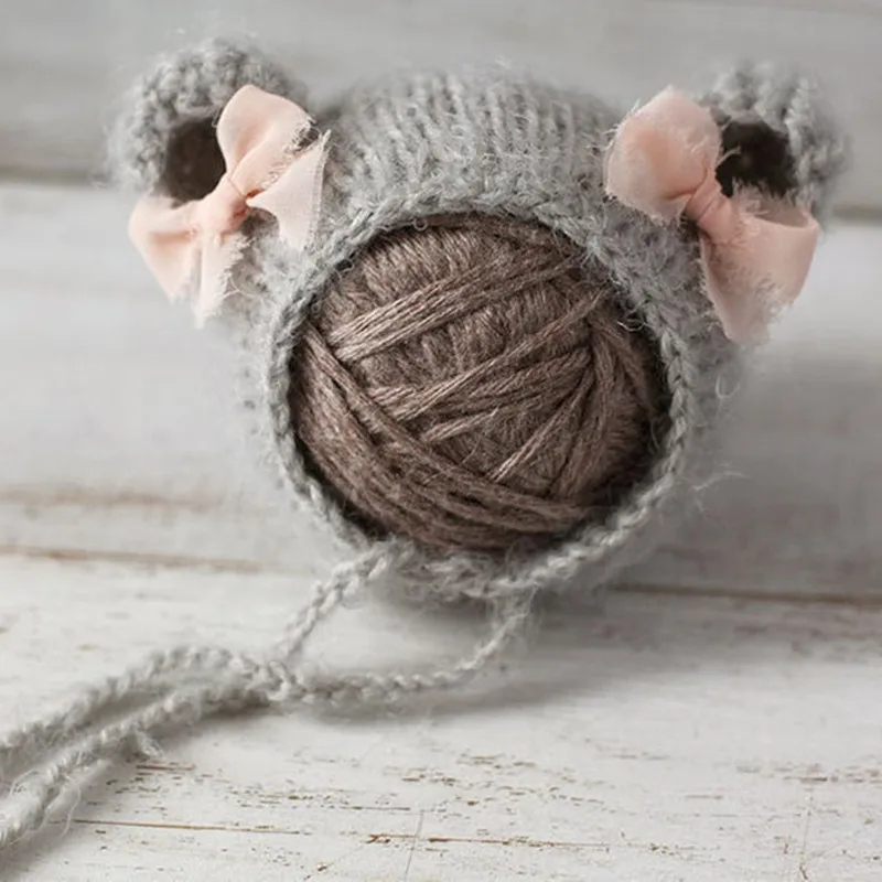 Cute Newborn Baby Knitted Hat Mohair Knitting Soft Bear Bonnet With Bow Infant Animal Cap Photo Props Accessories