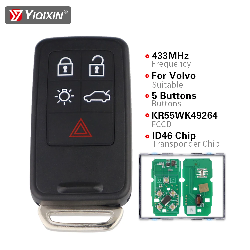 YIQIXIN Smart Remote Car Key Fob For Volvo 2010-2017 XC60 2008-2016 S60 S60L S80L V40 V60 S80 XC70 KYDZ ID46 KR55WK49264 433Mhz