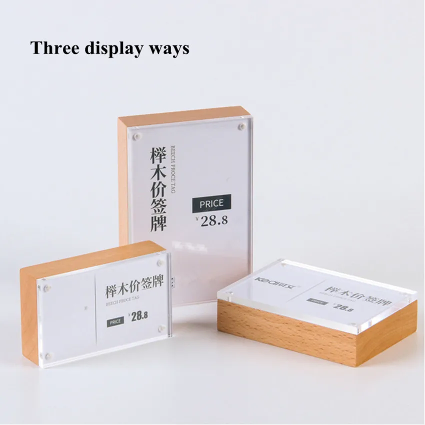90*54mm Small Wood Tabletop Acrylic Sign Holder Stand Table Price Label Card Paper Holder Tags Block