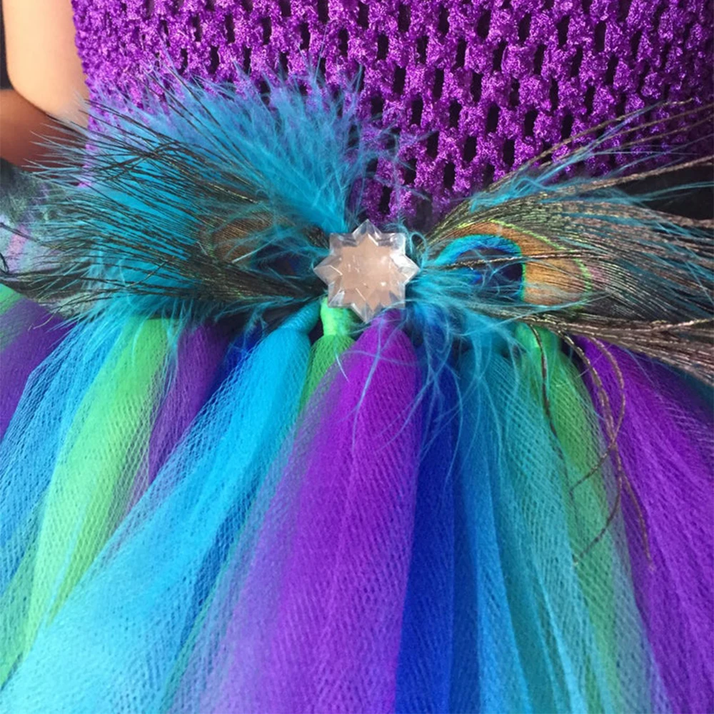 Beautiful Girls Peacock Feather Tutu Dress Kids Crochet Dress Long Ball Gown with Straps Children Birthday Party Costume Dresses