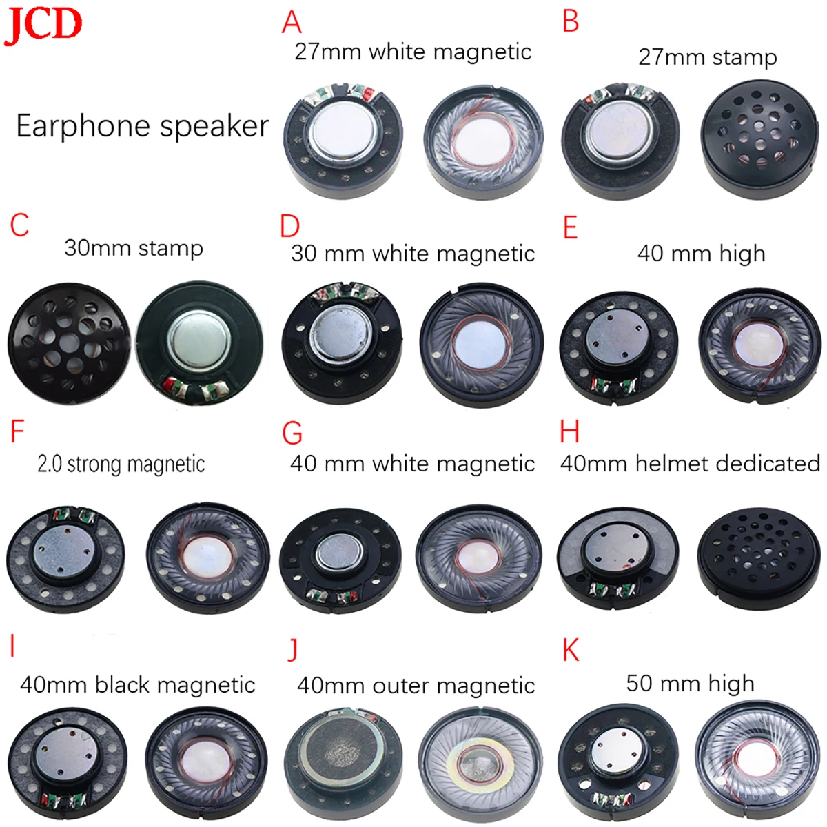 JCD 1 Pcs Headphone speaker 27mm 30mm 40mm 50mm white/black magnetic speaker headphone unit toy bass stereo sound product 1pc