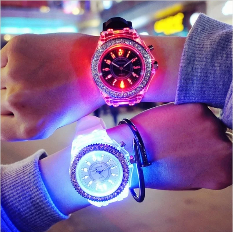 Student Watch Luminous Luminous Personality Rhinestone Fashion Trend Male And Female Student Couple Jelly Quartz Watch Colorful