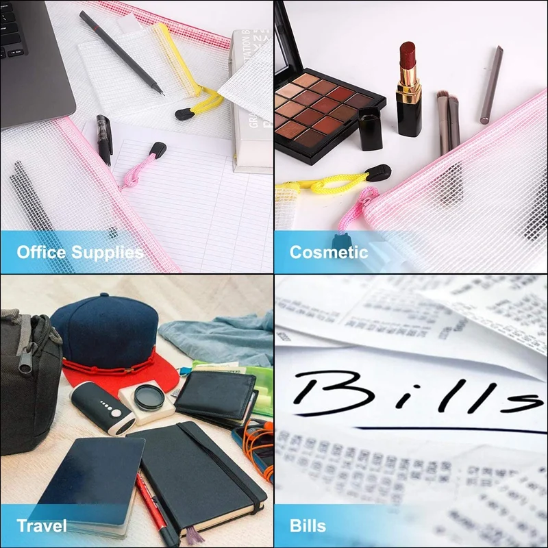 18 Pack 8 Maten Rits Mesh Pouch, waterdichte Rits Bestand Zakken Document Pouch Multifunctionele Reistassen (9 Kleuren)