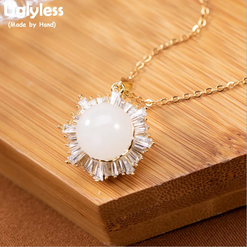 Uglyless Sparkly CZ Zircon Flower Necklaces Earrings for Women Natural Jade Pendants + Chains Real 925 Silver Jewelry Sets P1101