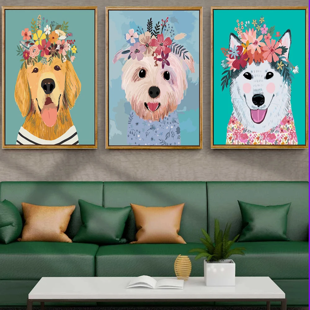 

CHENISTORY 3PC Flower Diy Paint By Number Dog Animal Kits On Canvas Oil Painting By Number With 40*50 Wooden Frame Home Decor