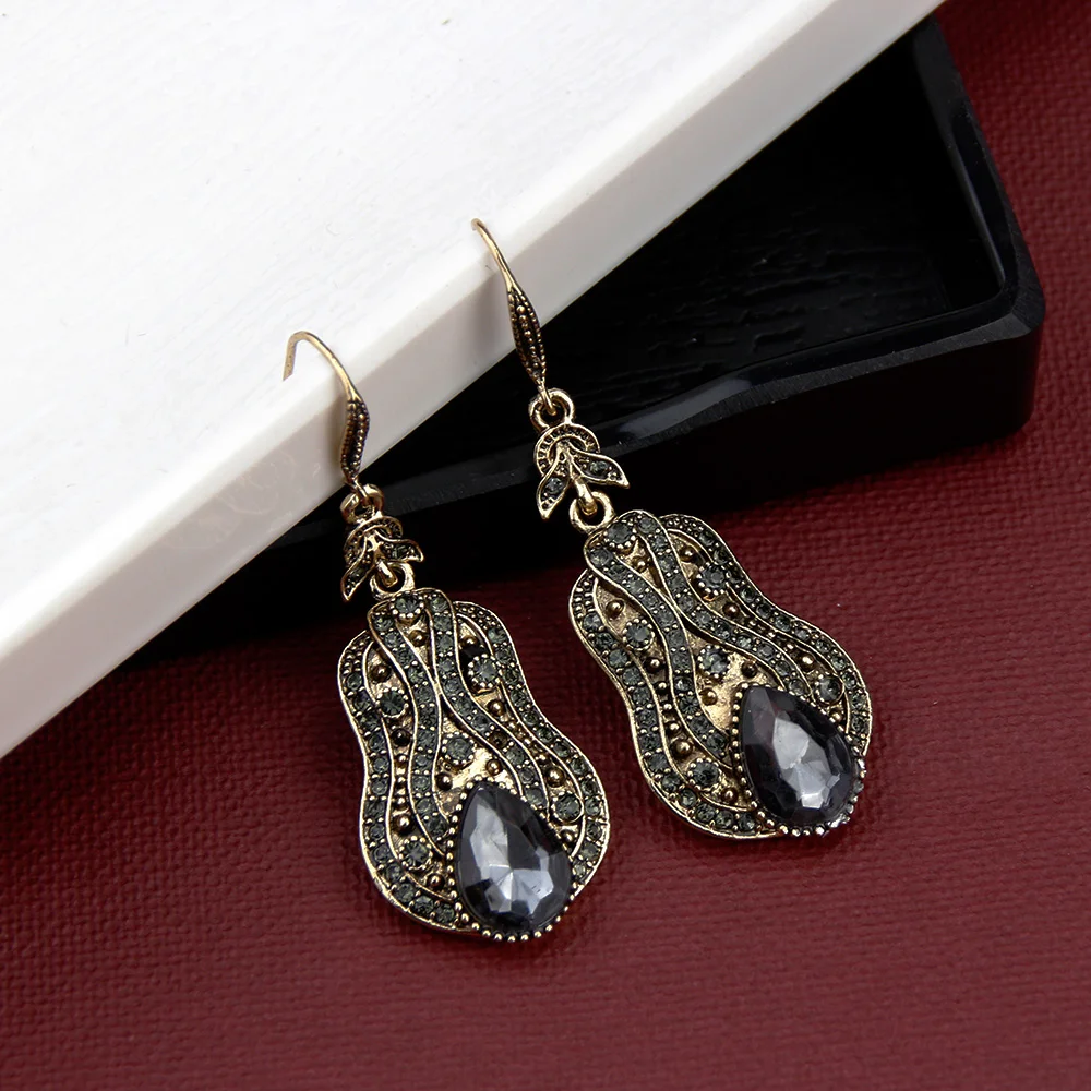 Sunspicems 2020 Vintage Turkish Earring Ring for Women Antique Gold Color Bohemia Grey Crystal Jewelry Set Indian Bridal Gift