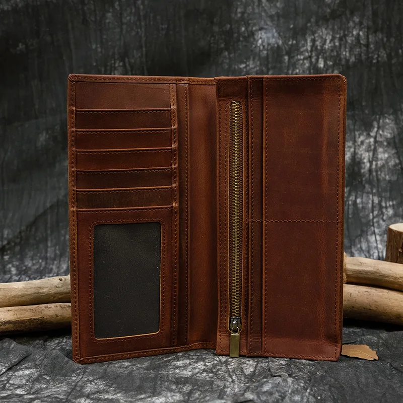 Moda Vintage długa torba wewnętrzny portfel na zamek mężczyźni kobiety portfele na karty kredytowe Bifold szalony koń długi portfel mężczyzna kobieta moneta kiesa