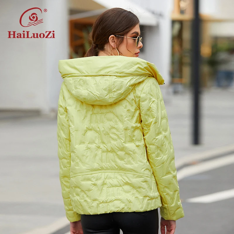 HaiLuoZi New 2022 Spring Fashion Women Coat Short Slim Warm Autumn Jacket Classic Solid Color Bio Cotton Zipper Hood Parkas 7051