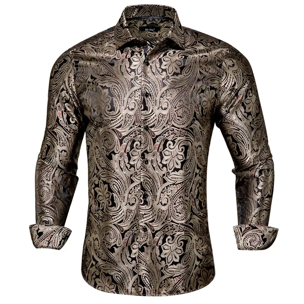 Hi-Tie High Quality Silk Mens Shirts Long Sleeve Black Brown Paisley Floral Shirt Slim Fit For Men Male Dress Jeans Suit Wedding