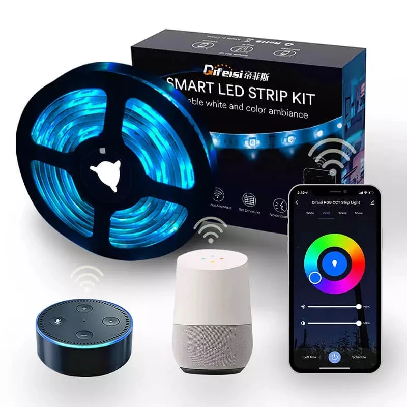 Difeisi Smart LED light Strip 2m RGB 12V Colorful APP WiFi Remote Control Tuya Ambiance LightStrip For Alexa Google Assistant