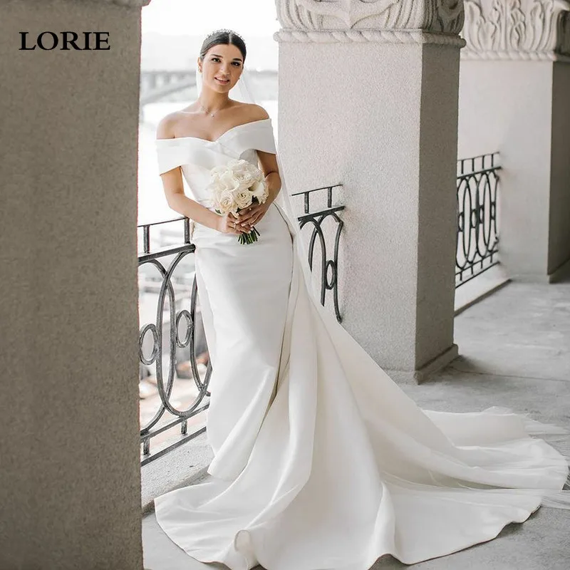 

LORIE Satin Mermaid Wedding Dresses Off The Shoulder Wedding Bride Dresses Detachable Train White Ivory Wedding Party Gown