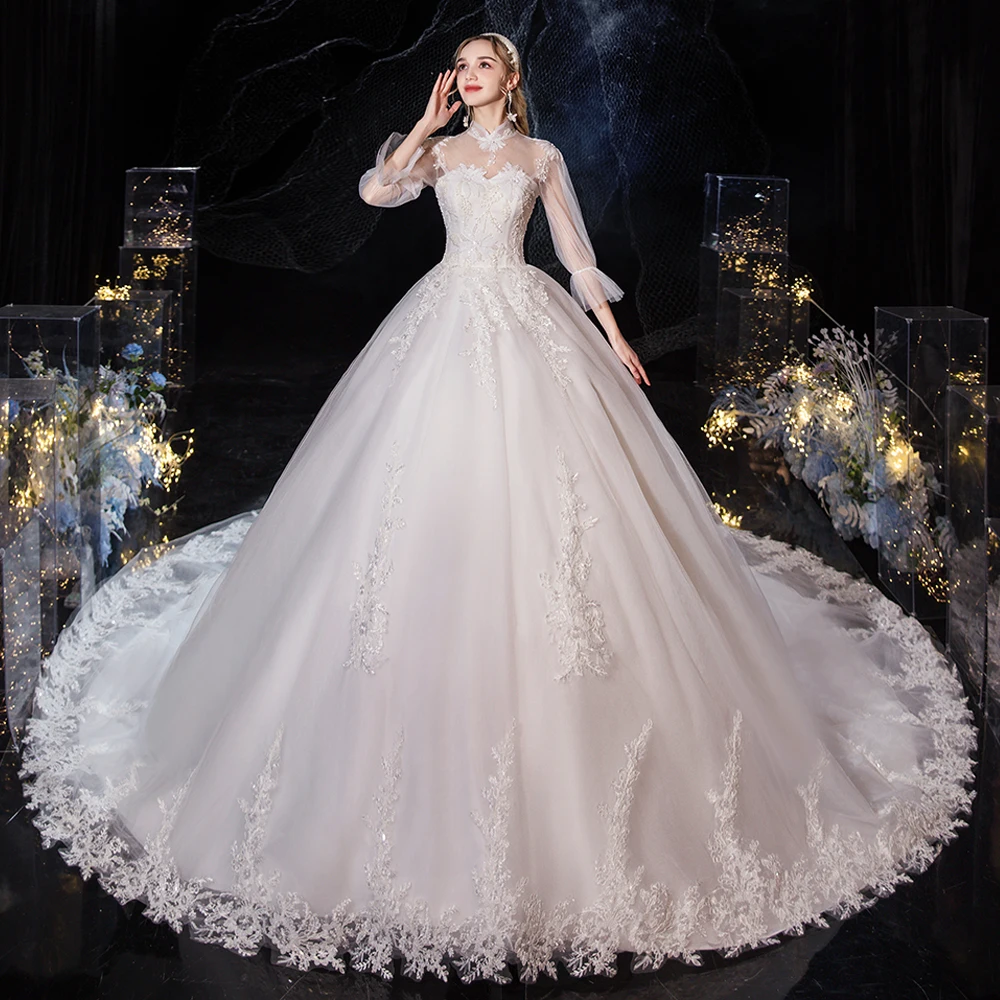 

Wedding Dress 2022 New High Neck Full Sleeve Wedding Gown Luxury Lace Embroidery Wedding Dresses With Train Brides Dress
