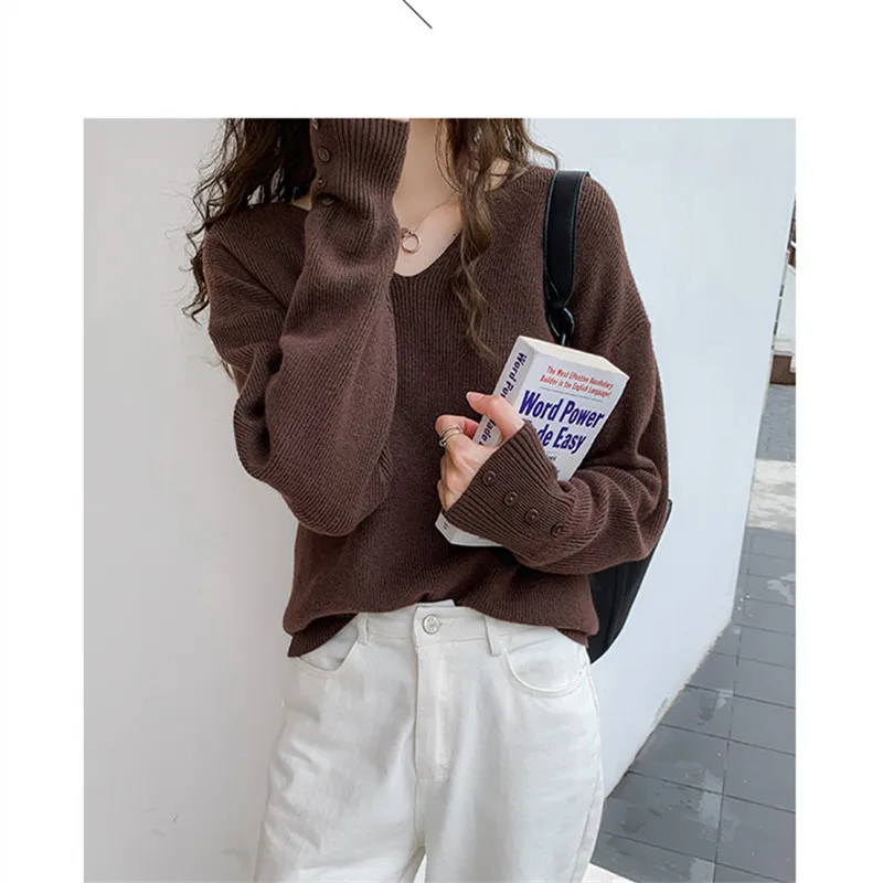 2023 Autumn Spring Women Sweaters Female Tops Knitted Thin Pullover Solid V-neck Loose Elegant Office Lady Casual All Match